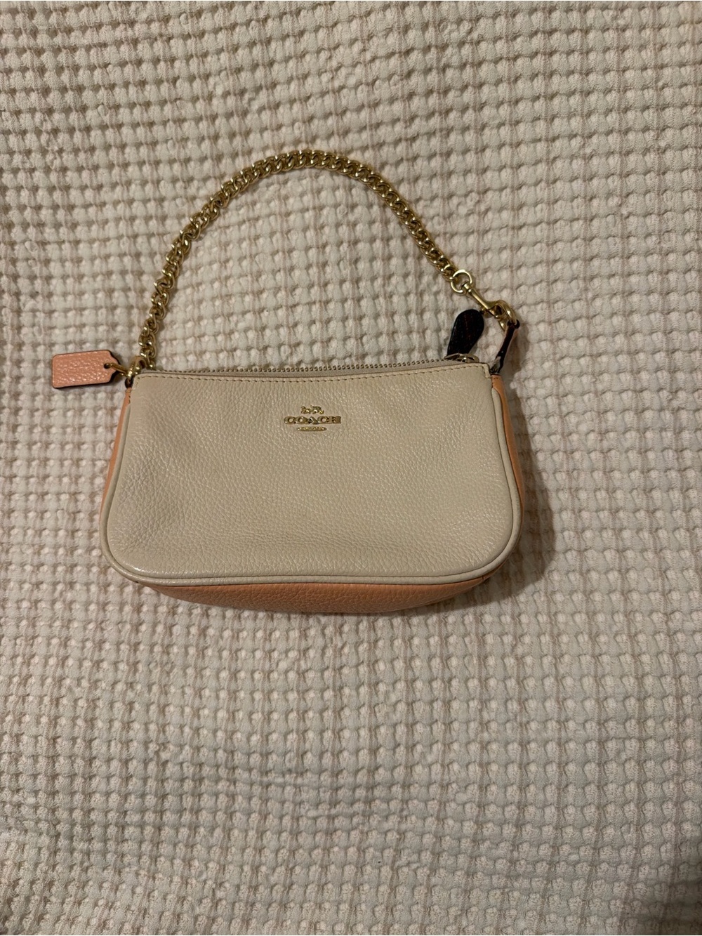 Coach Cream and Peach Pebbled Leather Mini Shoulder Bag with Gold Chain